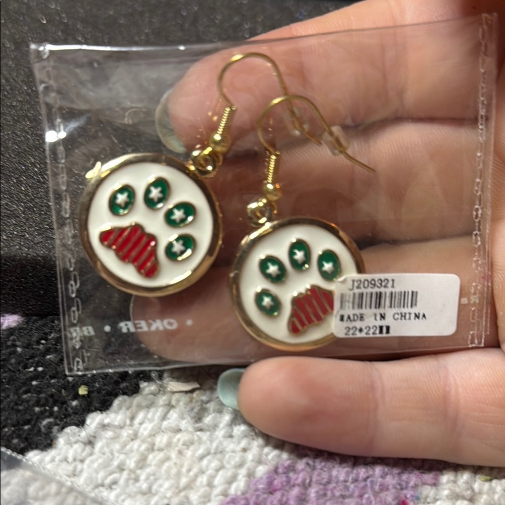 Gold and Red Paw Print Earrings